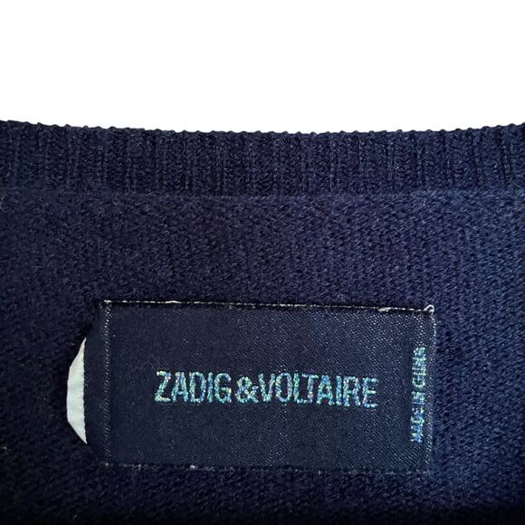 Zadig & Voltaire Peter Patch Navy Blue Wool Cashmere Leather Wolf V-Neck Sweater - Picture 4 of 10